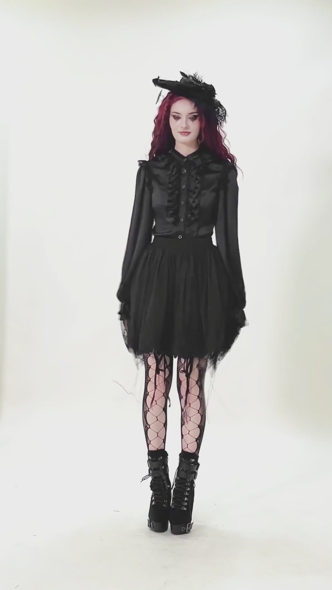 Elegant Lace Skater Skirt with Elastic Waist and Detail showcased with stylish gothic outfit