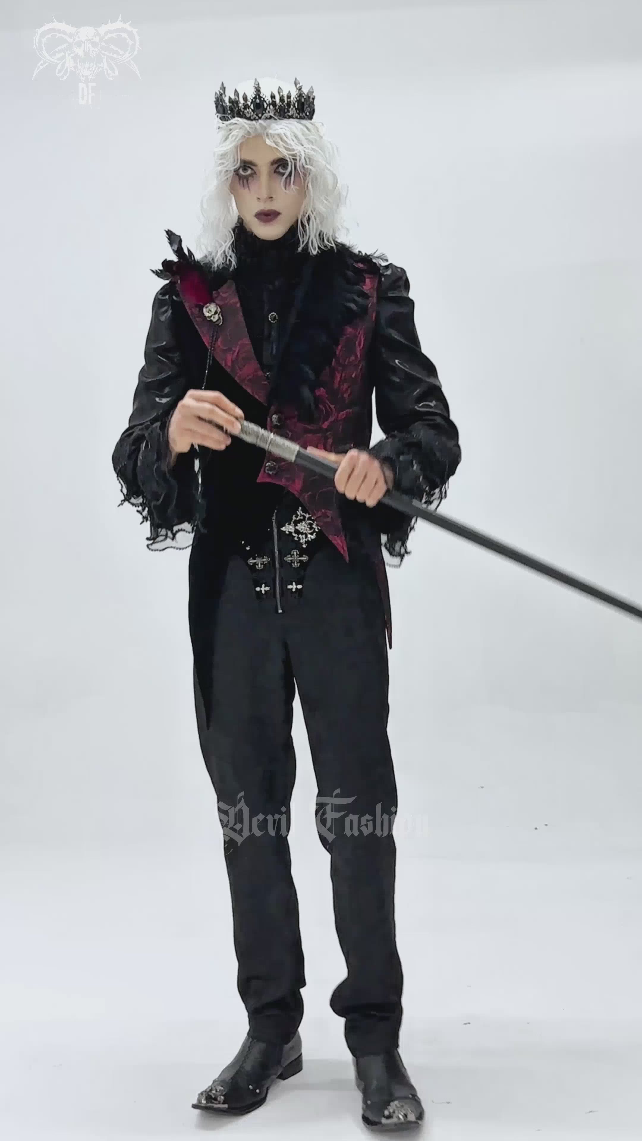 Wine Red and Black Brocade Waistcoat with Feather Lapel, showcasing gothic Victorian fashion.