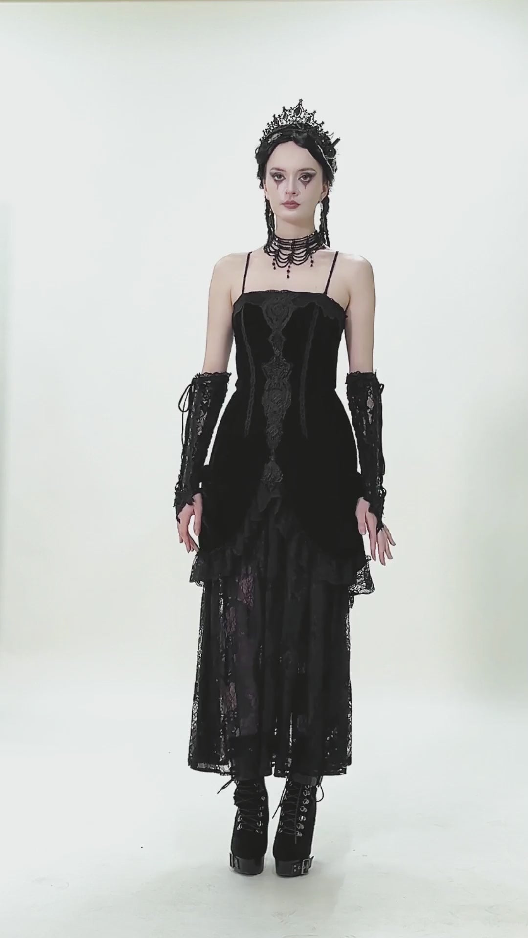 Model wearing Lace-Up Long Gloves with Floral Lace and Ribbon Details, showcasing gothic elegance in an outfit.