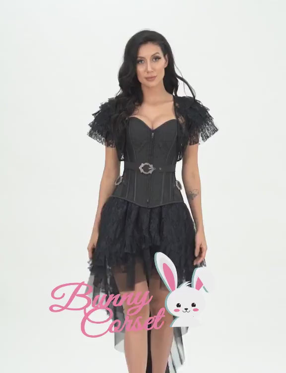 Model showcasing a Gothic black mesh overbust corset with brocade details and feathered sleeves.