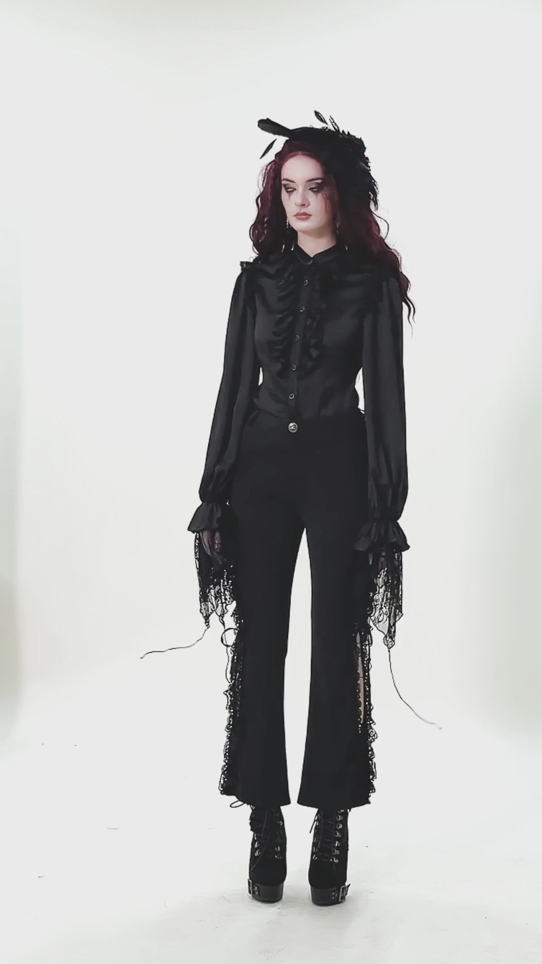 Elegant Gothic Shirt with Ruffles and Dramatic Lace Cuffs showcased with stylish black pants and dramatic, flowing lace.