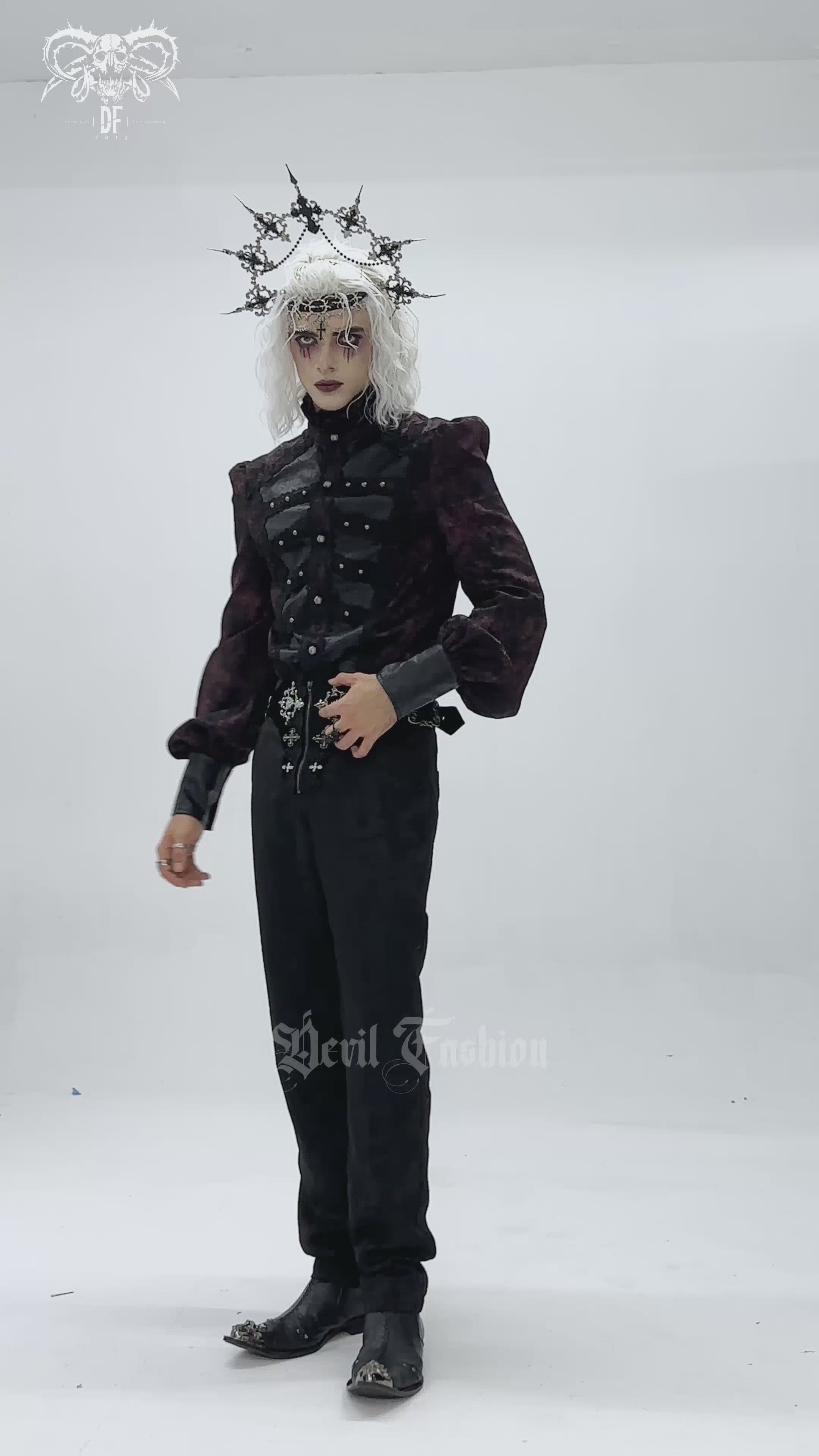 Dark Romantic Shirt with Ruffled Collar and Buttons worn by model, showcasing gothic elegance in burgundy brocade.