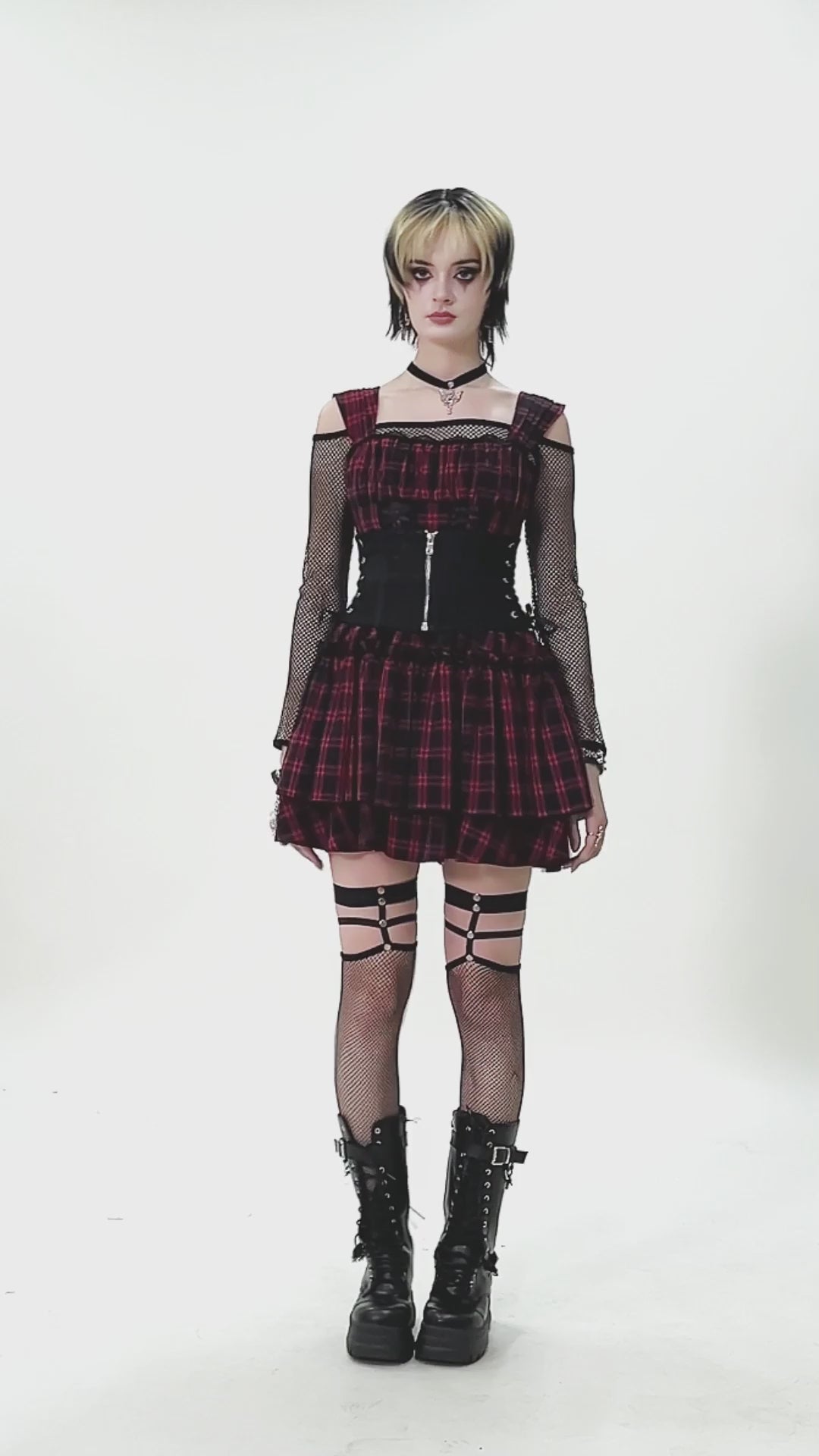 Gothic Lace-Up Waist Corset with Zipper and Satin Ribbons paired with a plaid skirt and edgy accessories.