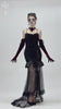 Gothic black velvet and sheer mesh high-low dress with beaded details, perfect for dark romance and masquerade events.