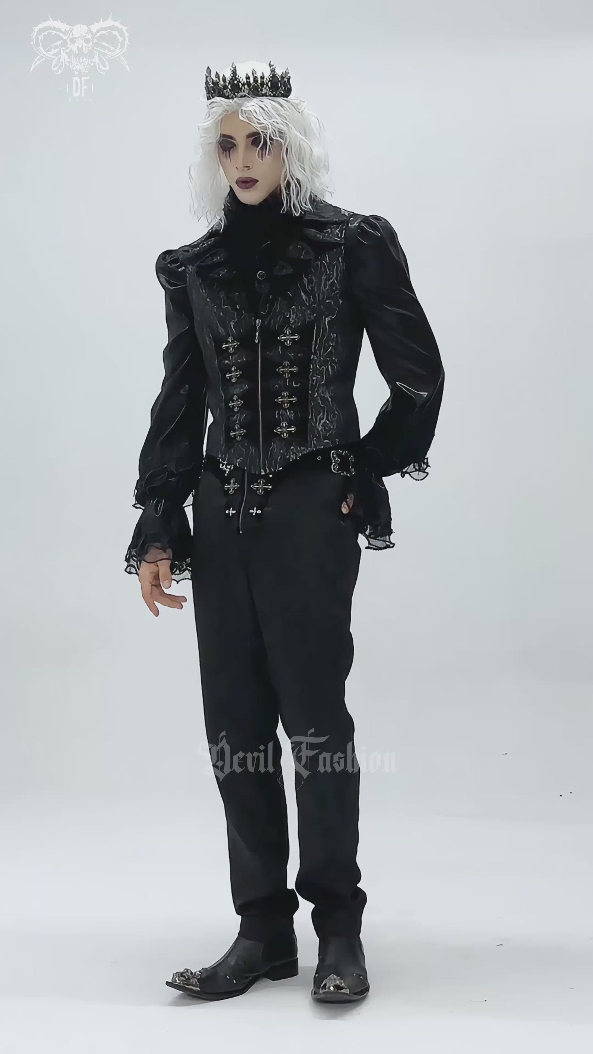 Gothic Brocade Waistcoat with Metal Clasps and High Collar worn by a model in striking gothic fashion.