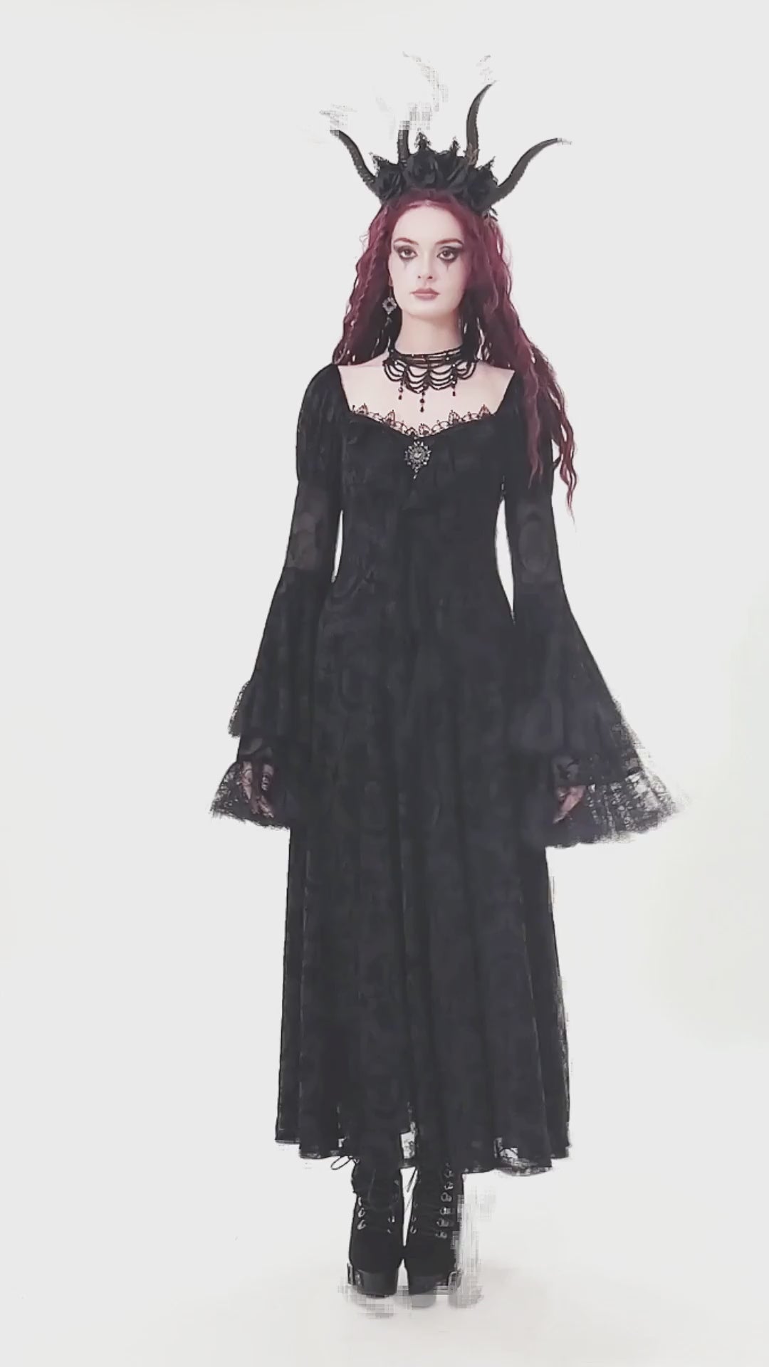 Victorian Gothic Lace Maxi Dress with Bell Sleeves worn by a model with dramatic accessories and striking red hair.