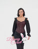 Gothic overbust corset top with detachable sheer sleeves, featuring intricate brocade patterns and elegant design.