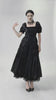 Victorian Gothic Black Puff-Sleeved Long Dress with lace-up corset and dramatic tiered ruffles.