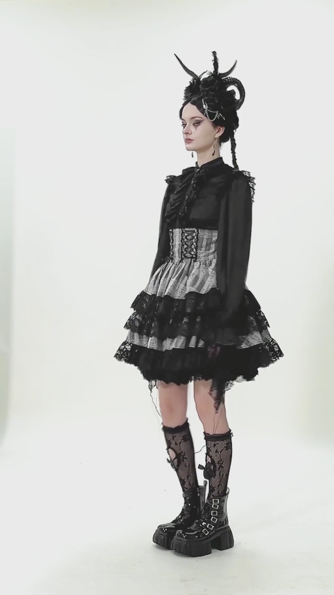 Black and Gray Lolita High-Waist Tiered Lace Skirt styled with a black ruffled blouse and gothic accessories.