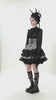 Black and Gray Lolita High-Waist Tiered Lace Skirt styled with a black ruffled blouse and gothic accessories.