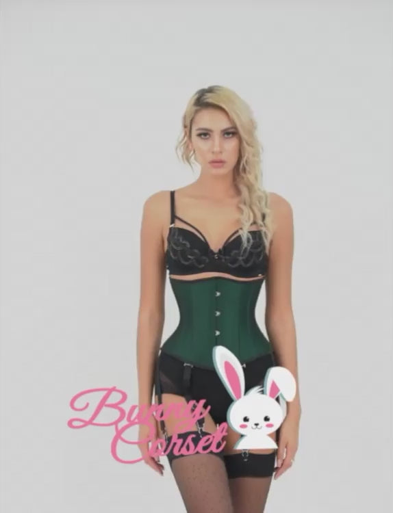 Model showcasing a Women's Steel Boned Green Taffeta Underbust Corset, featuring a sleek fit and elegant design.