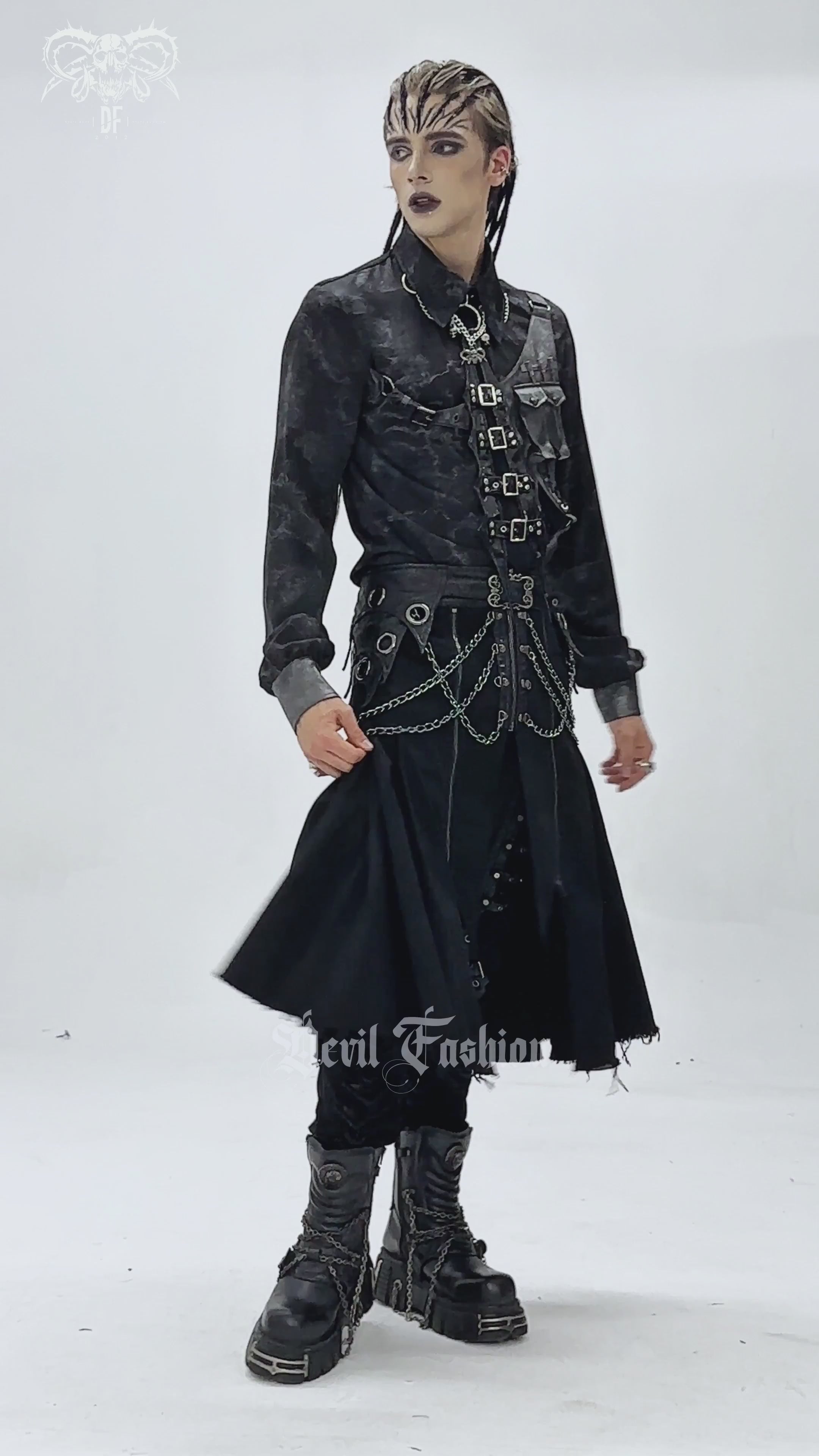 Gothic Chain and Zipper Black Skirt with Layered Panels worn by model showcasing dark alternative fashion.