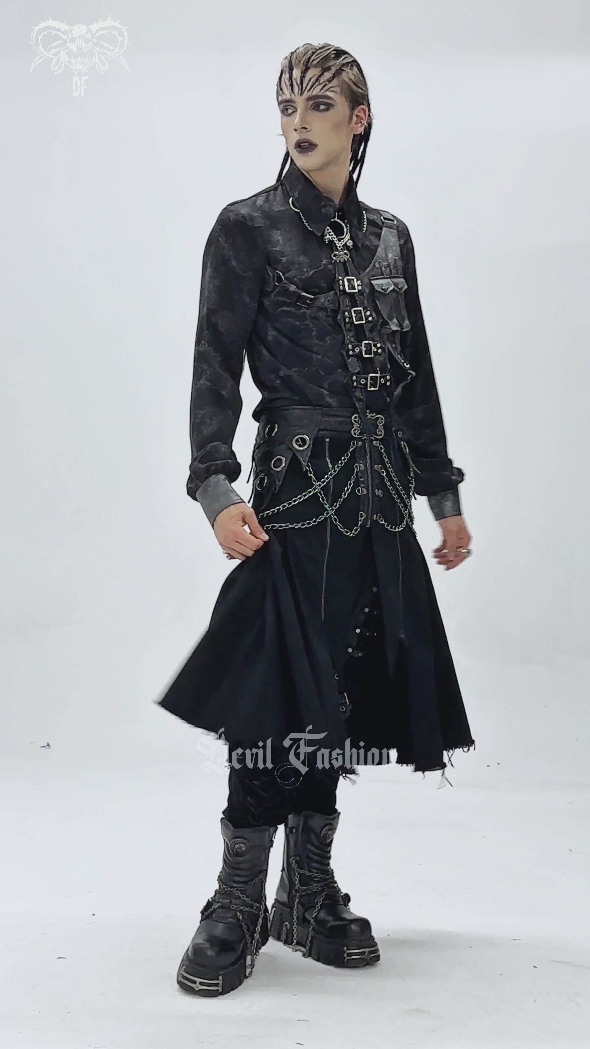 Gothic Chain and Zipper Black Skirt with Layered Panels worn by model showcasing dark alternative fashion.