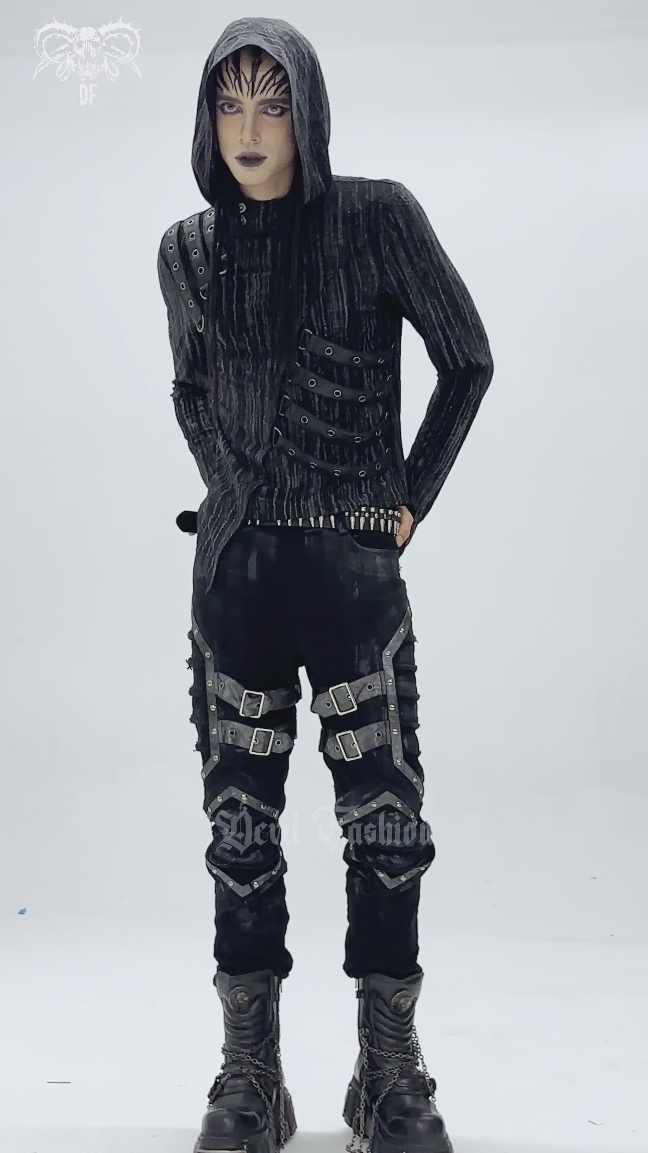 Cyberpunk Hooded Top with Straps and Asymmetric Hem showcasing bold buckles and a fitted silhouette in textured black fabric.