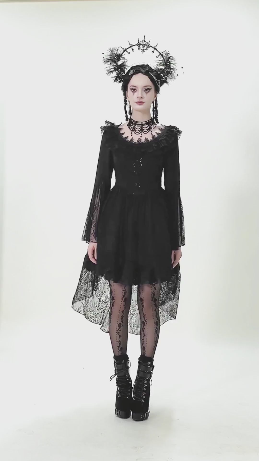 Dramatic Lace High Low Dress with Corset Back and Ruffles, featuring flared sleeves and lace details.