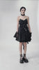 Gothic Lace and Satin Corset Mini Dress with Ruffle Details showcasing a model in a dark vintage-inspired outfit.