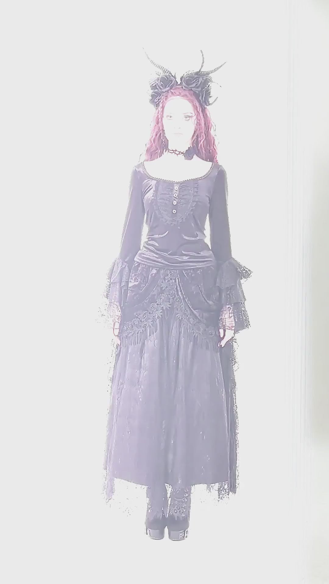 Elegant Lace Sleeve Gothic Velvet Top with Ruffle Details showcased on a model in a mysterious setting.