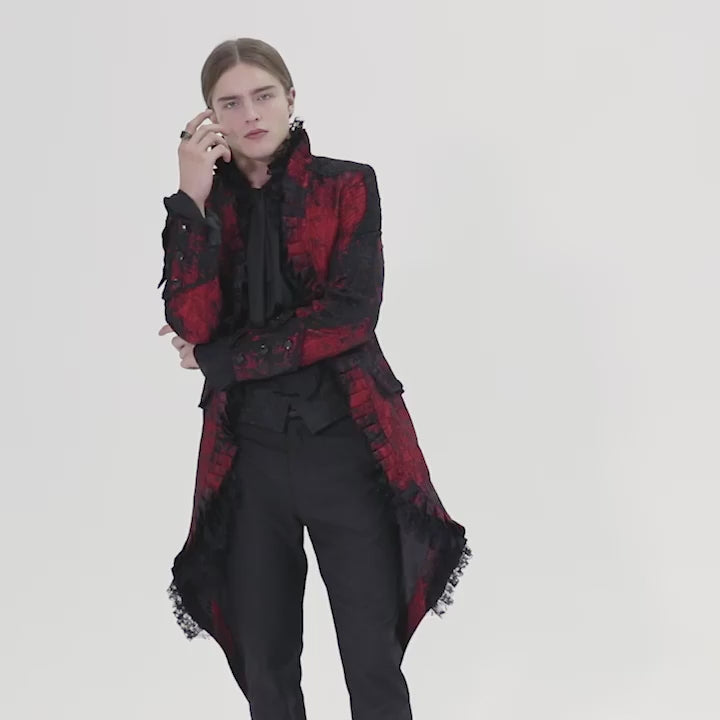 Stylish model showcasing a Dark Red Rococo Lace Tuxedo Coat with ruffle details, perfect for gothic fashion.