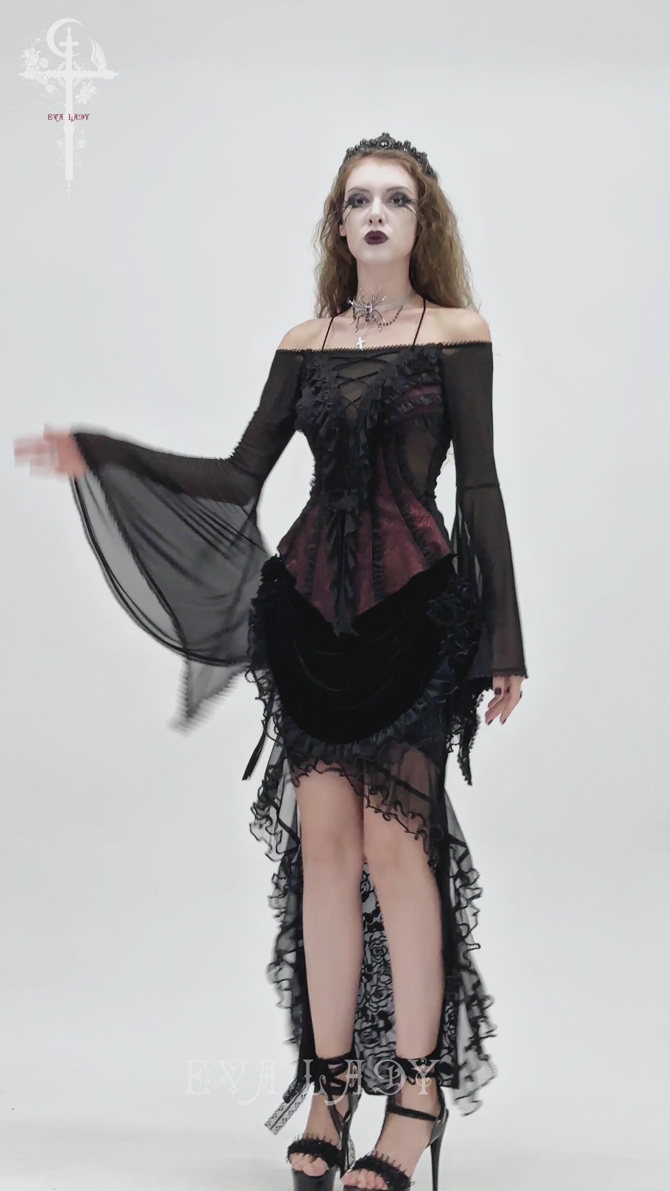 Elegant Off-Shoulder Ruffle Top with Sheer Sleeves and Lace worn by a model with gothic makeup and accessories.