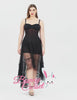 Elegant black corset dress with sheer overlay, perfect for chic evening wear and fashion-forward styling.