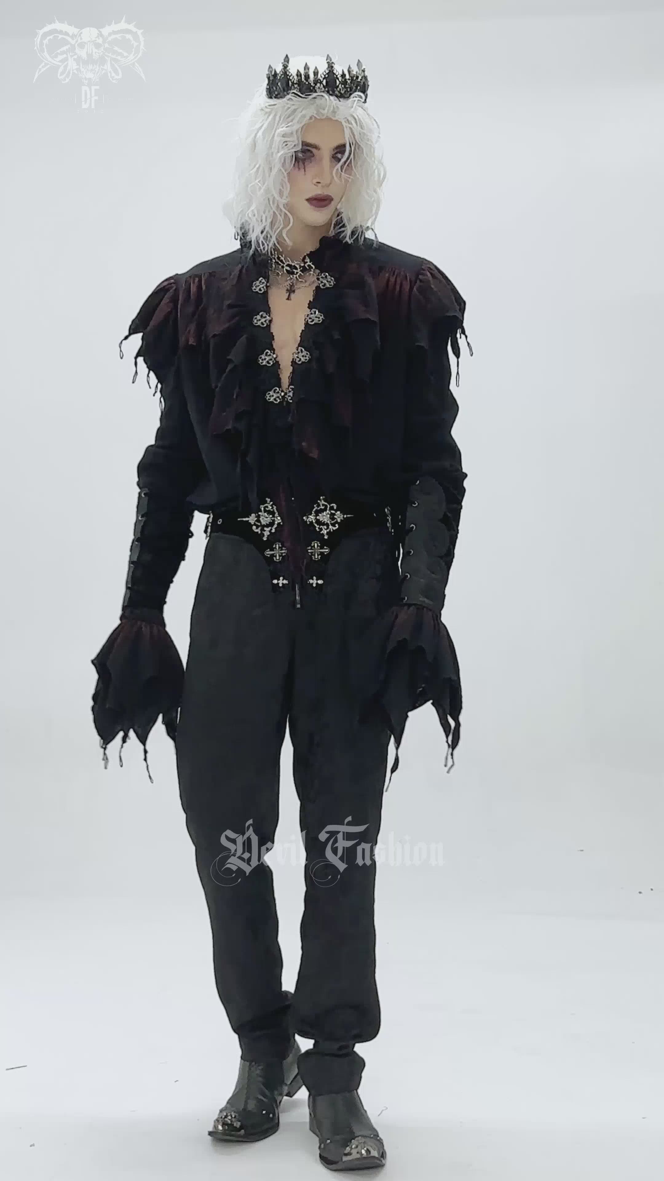 Men's Ruffled Shirt with Silver Clasps and Tattered Sleeves worn by a model showcasing gothic fashion.