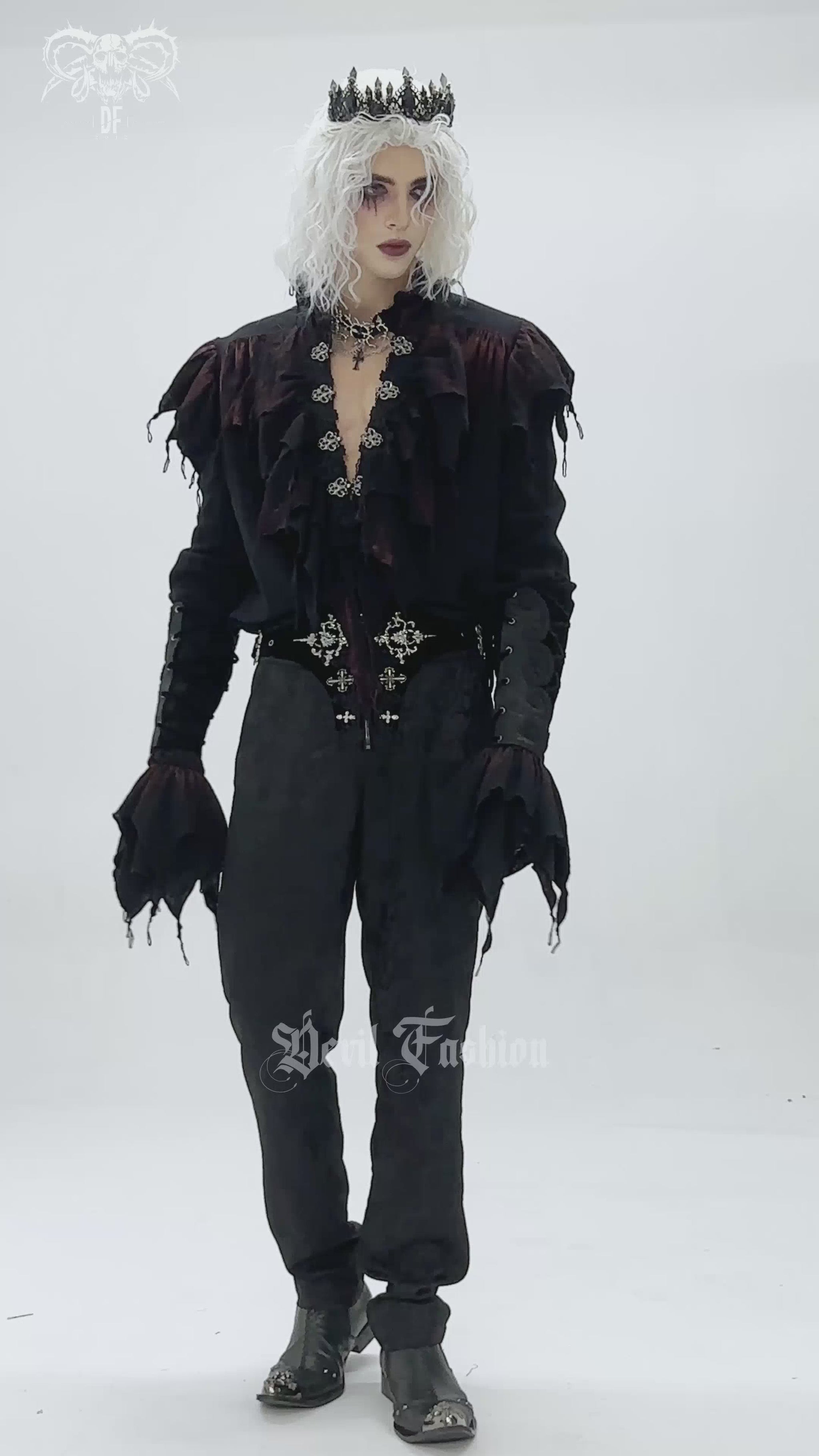 Men's Ruffled Shirt with Silver Clasps and Tattered Sleeves worn by a model showcasing gothic fashion.