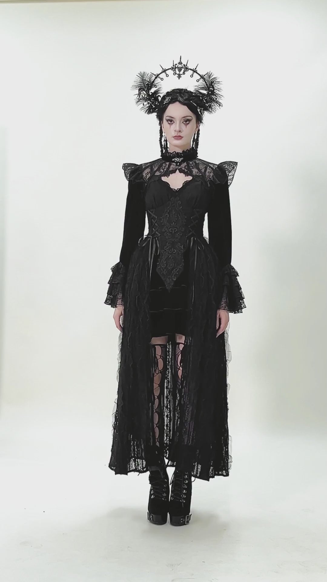 Victorian Gothic Lace Shrug with Velvet Bell Sleeves worn by model, featuring intricate lace and dark elegance.