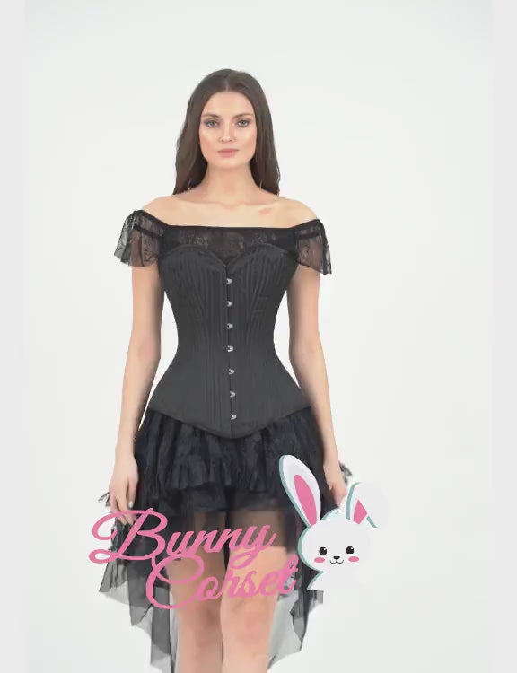 Model showcasing a black off-shoulder corset dress with lace trim, perfect for gothic and edgy fashion styles.