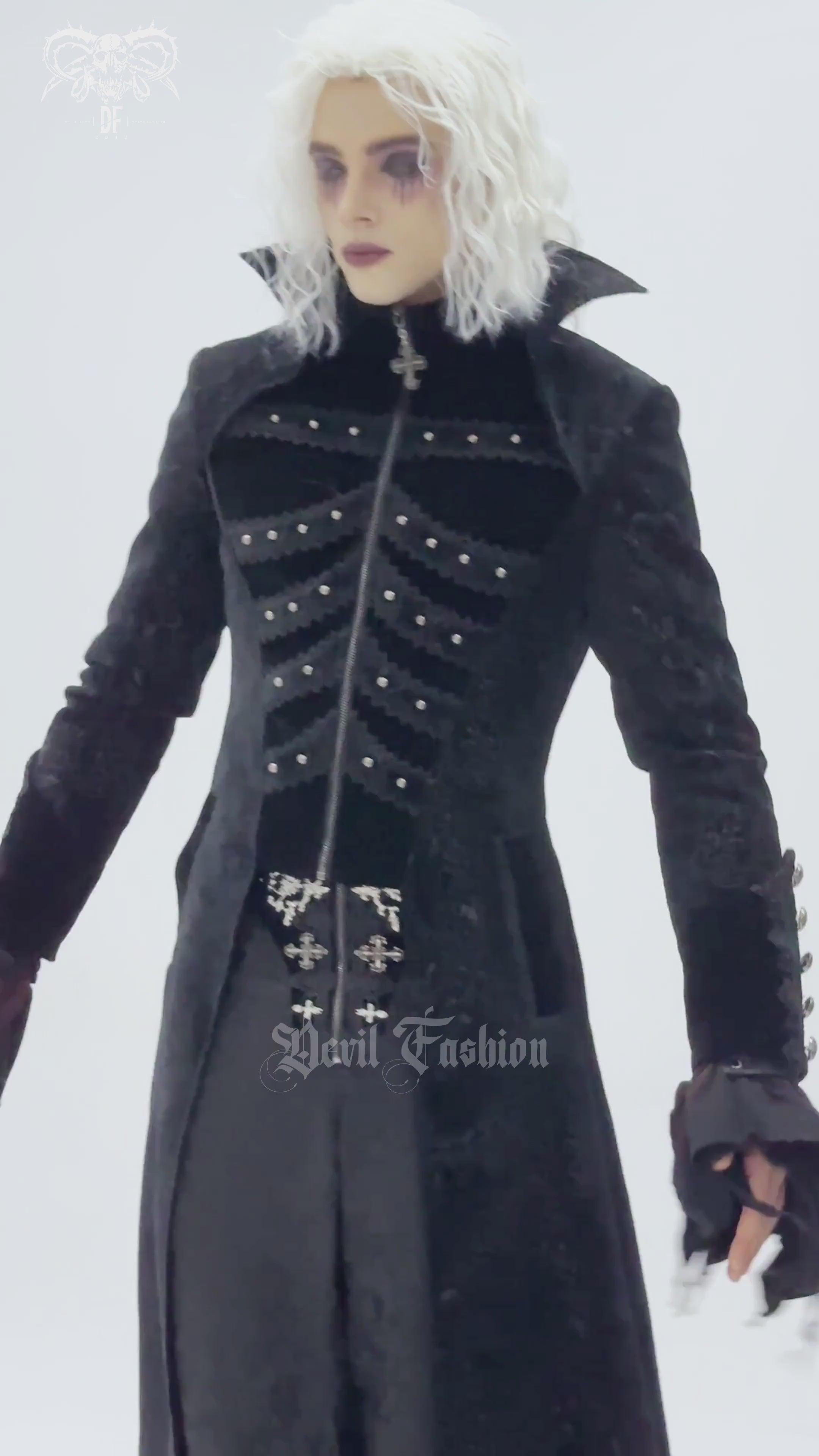 Victorian Gothic Tailcoat with Brocade and Metal Buttons worn by model, showcasing dramatic collar and velvet details.