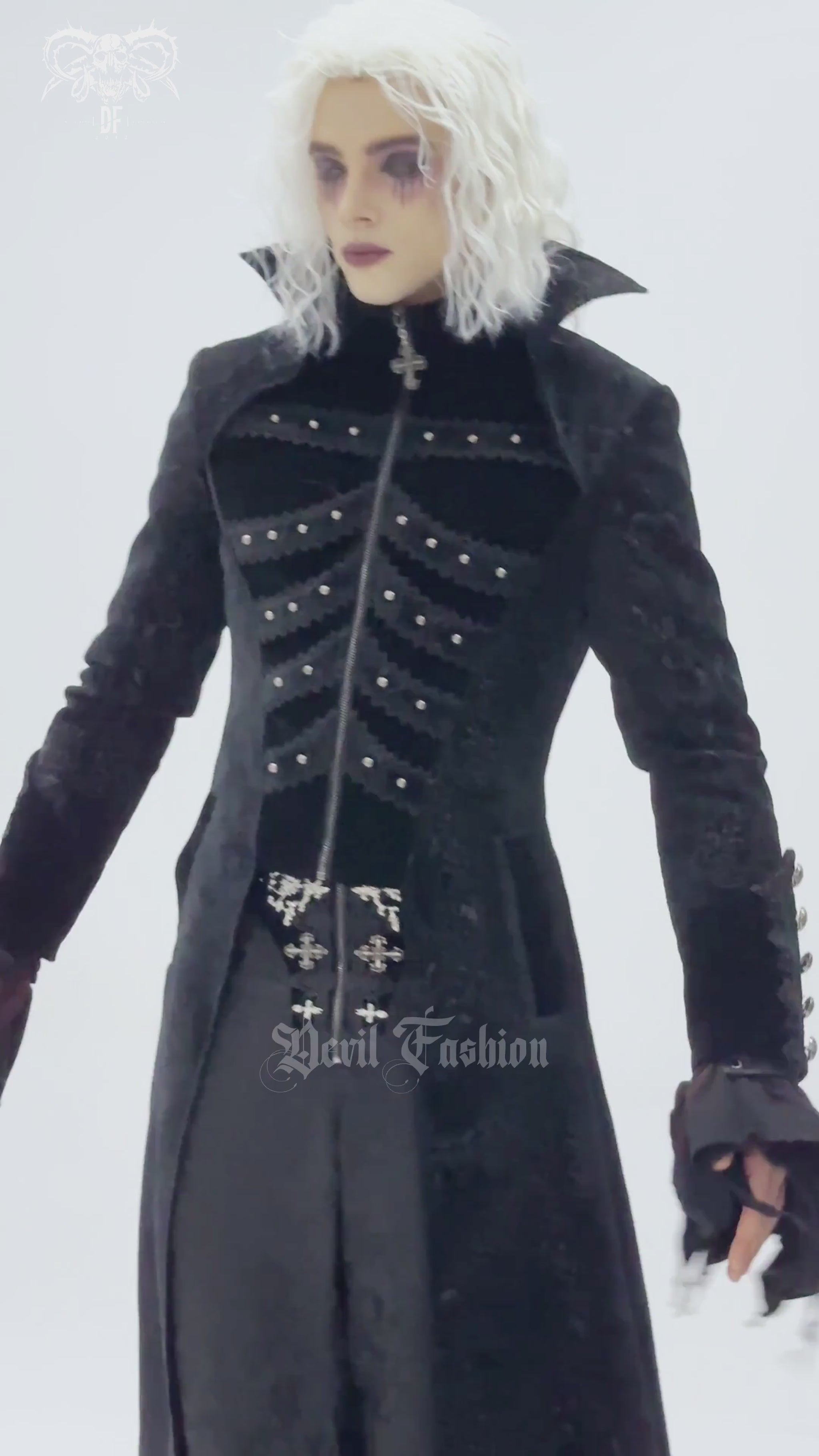 Victorian Gothic Tailcoat with Brocade and Metal Buttons worn by model, showcasing dramatic collar and velvet details.