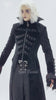 Victorian Gothic Tailcoat with Brocade and Metal Buttons worn by model, showcasing dramatic collar and velvet details.