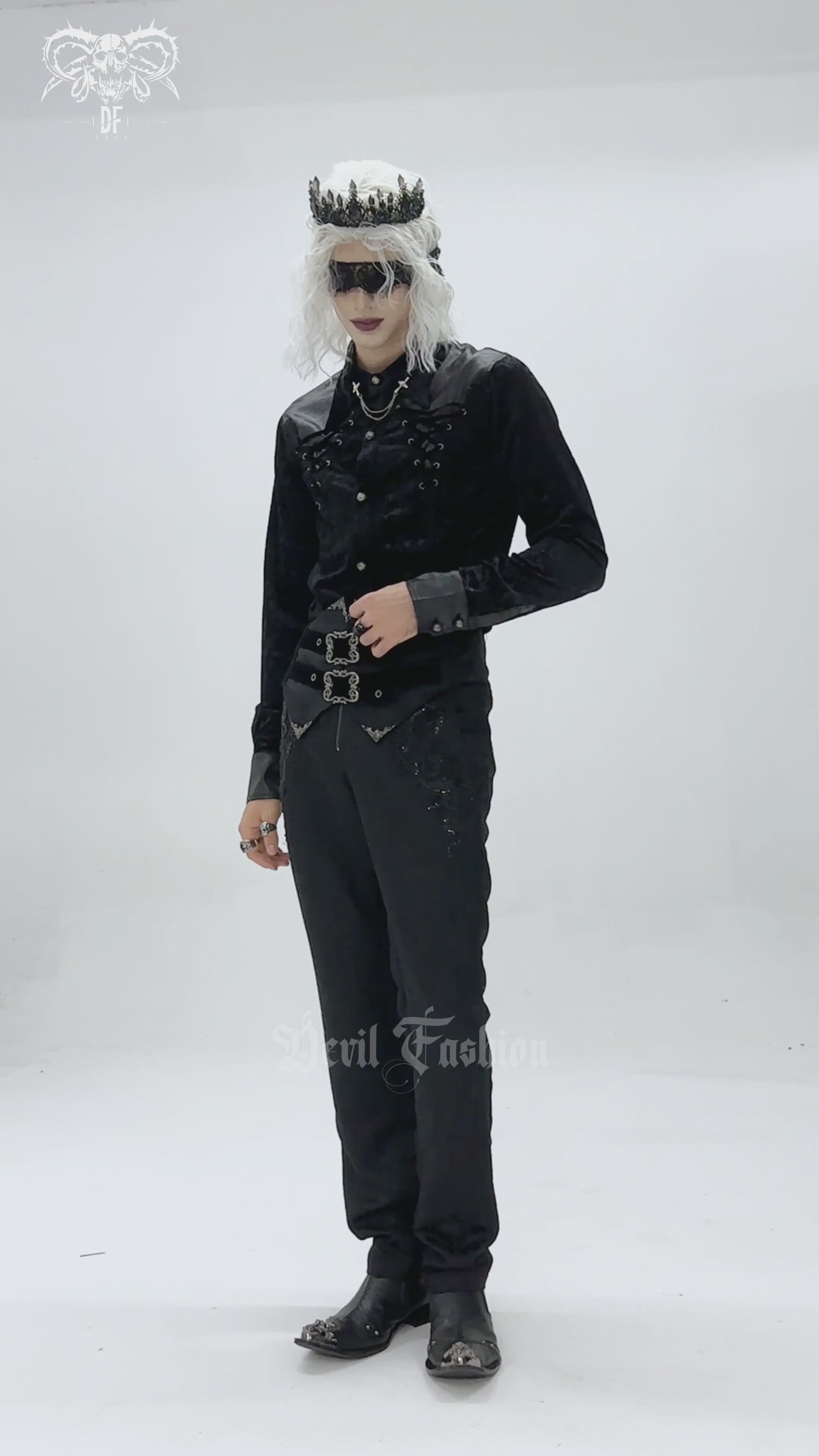 Gothic Velvet Shirt with Leather Trim and Lace-Up Detail modeled by a person in dark attire with edgy accessories.