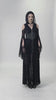Gothic Lace Hooded Cold Shoulder Maxi Dress With Zip Closure worn by a model, showcasing dramatic lace and sheer floral details.