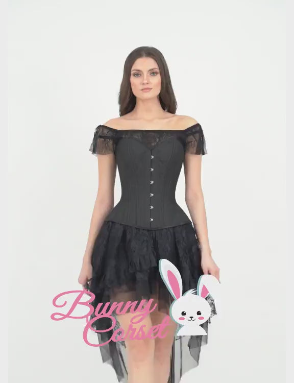 Elegant off-shoulder black corset dress with lace trim and button details, showcasing a chic style.