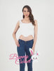 Model wearing white Bunny Corset with jeans, showcasing chic style and playful design.