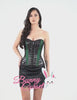 Edgy Ohio overbust corset featuring studded faux leather, steel boning, and vibrant green accents.