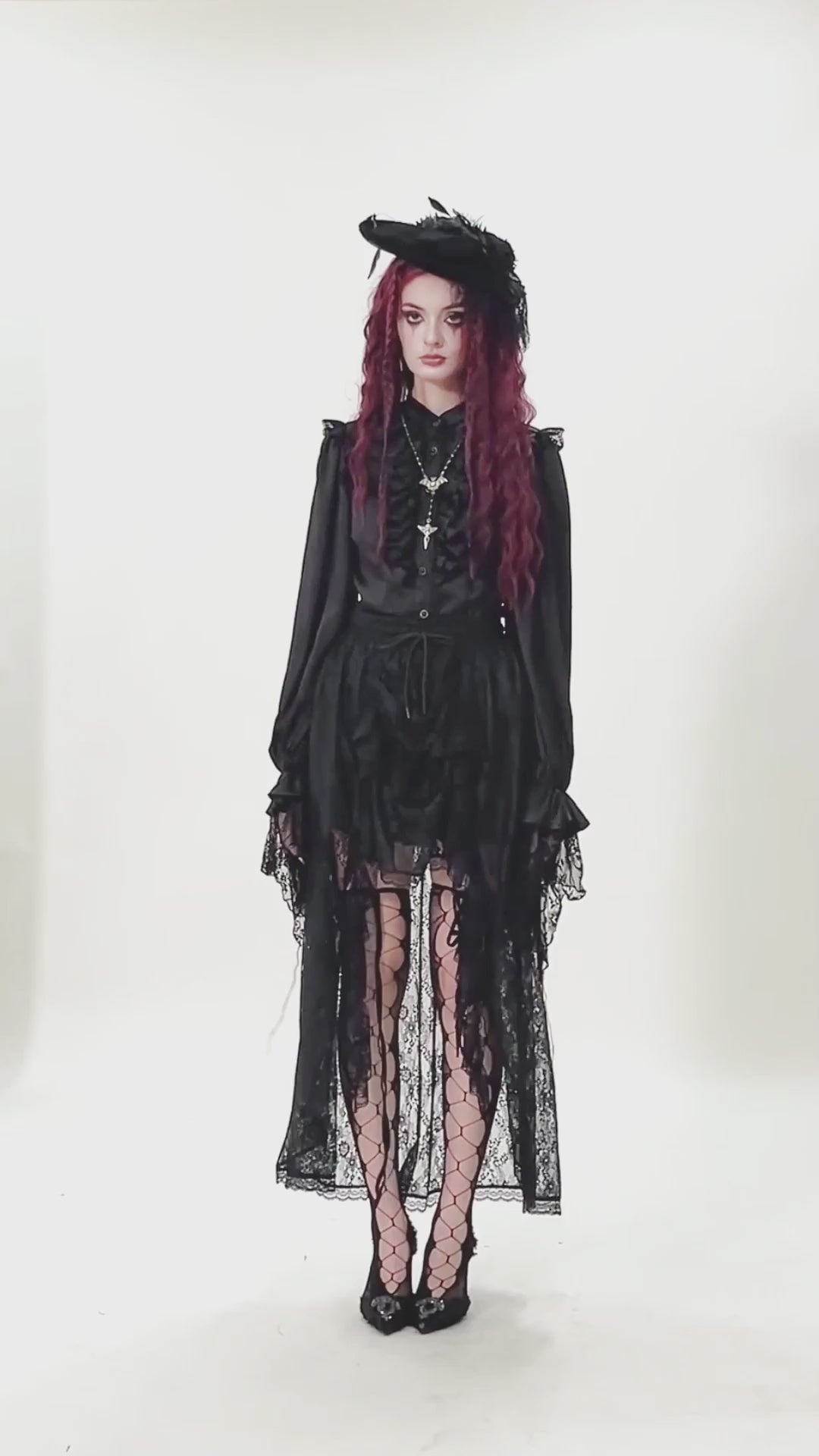 Lace Tiered Skirt with Drawstring Waist for Gothic Style, featuring intricate lace and dramatic design.