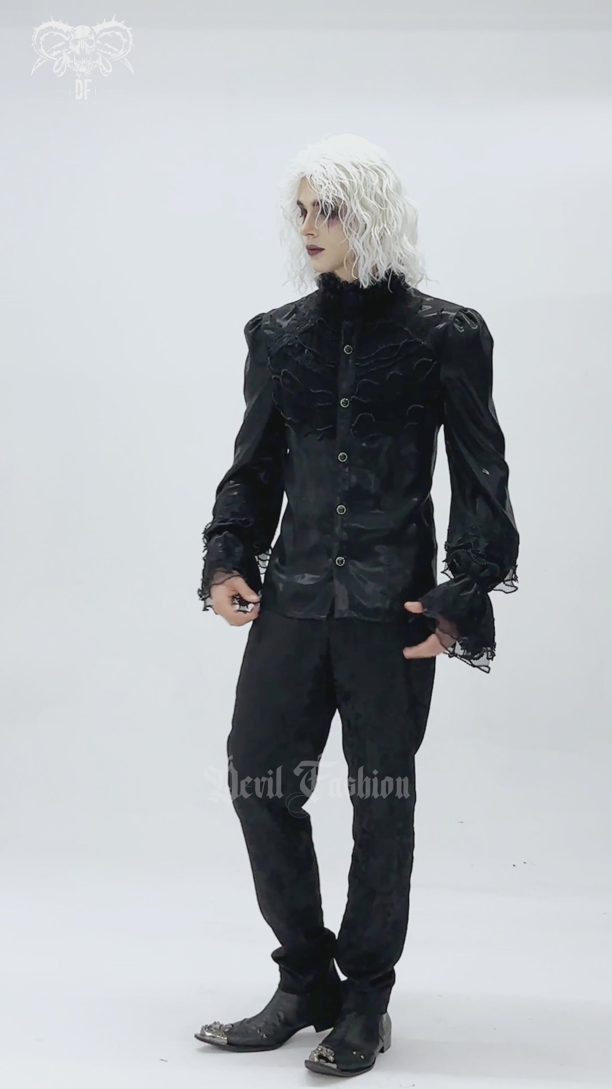 Men's Gothic Lace Ruffled Shirt with Lace-Up Back worn by a model, showcasing dark elegance and vintage flair.
