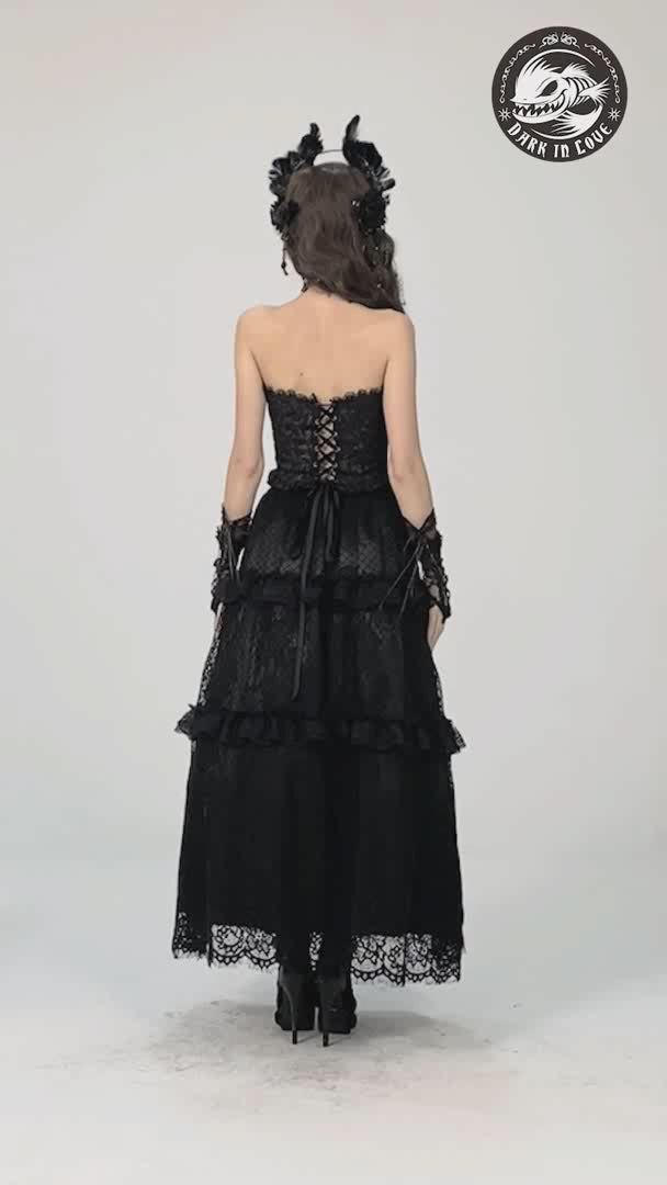 Elegant black lace tiered skirt featuring frills and a drawstring, perfect for chic gothic fashion.