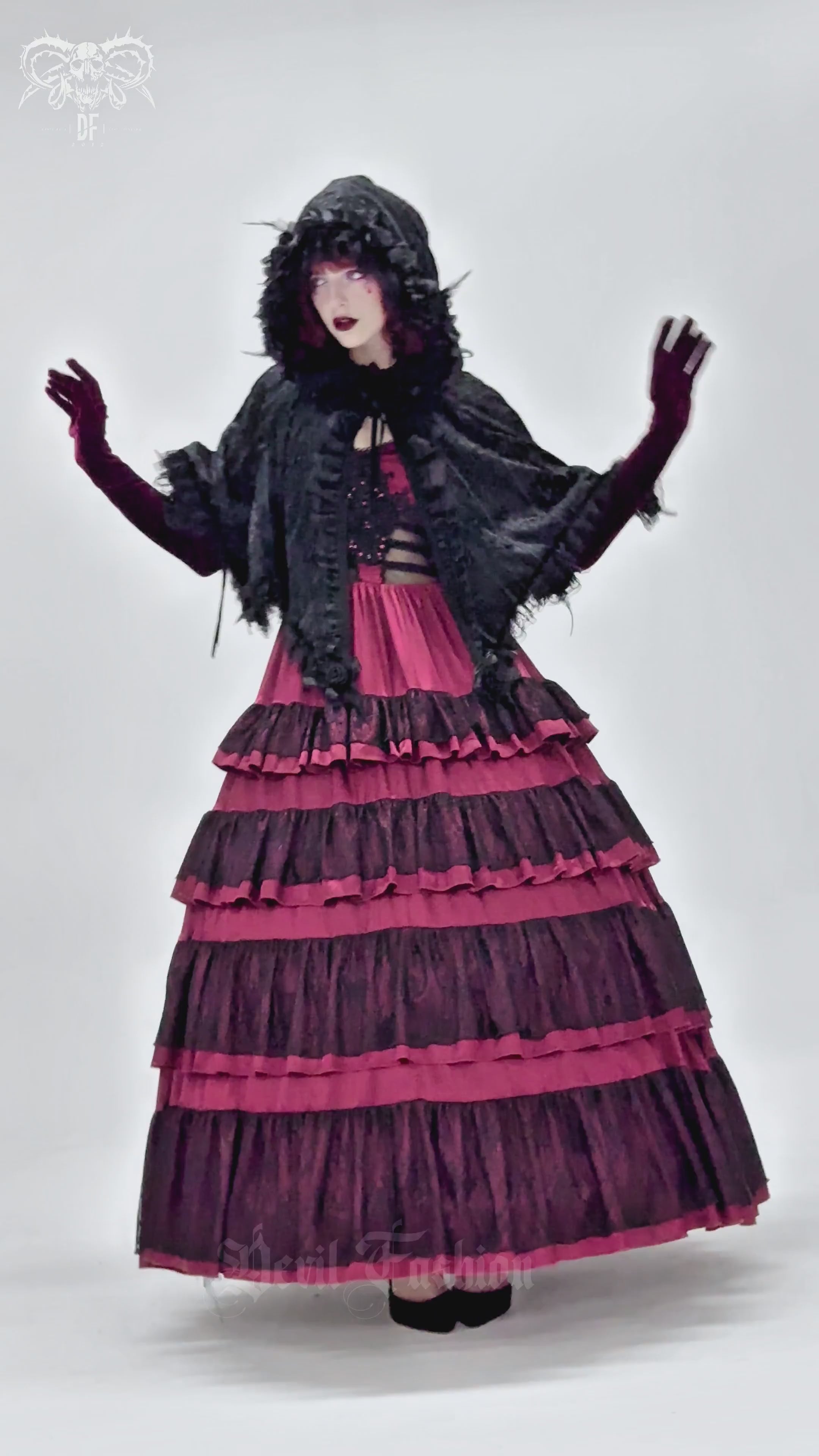 Black Gothic Hooded Lace Cape with Rose Details worn with a dramatic layered gown, showcasing Victorian-inspired elegance.