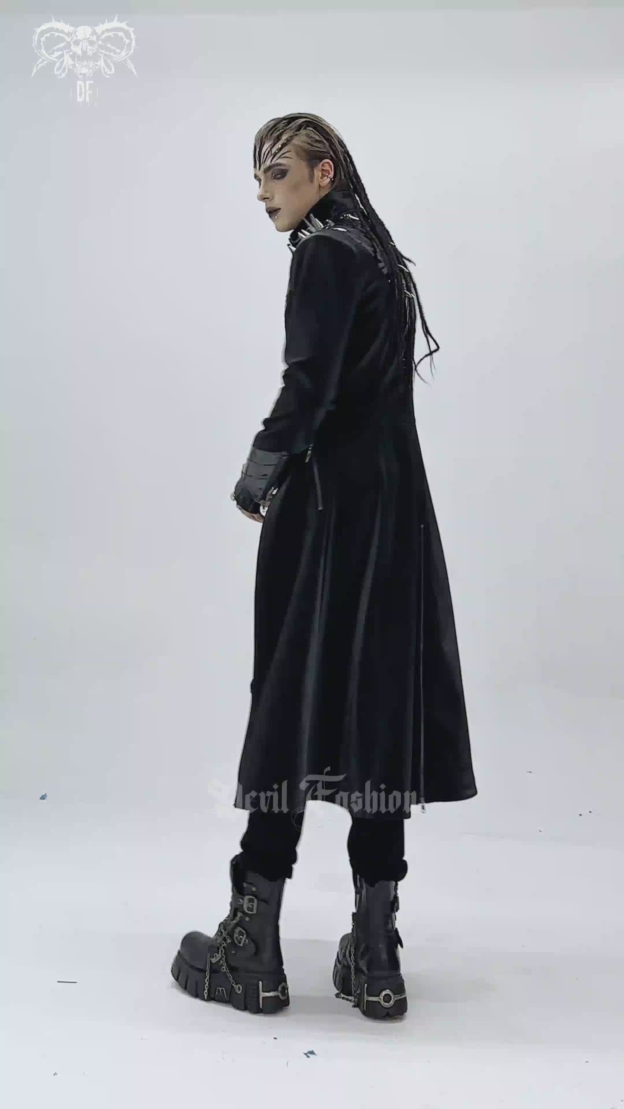 Men's Long Coat with Spikes and Metal Buckle Detail worn by a model showcasing gothic style and edgy fashion.