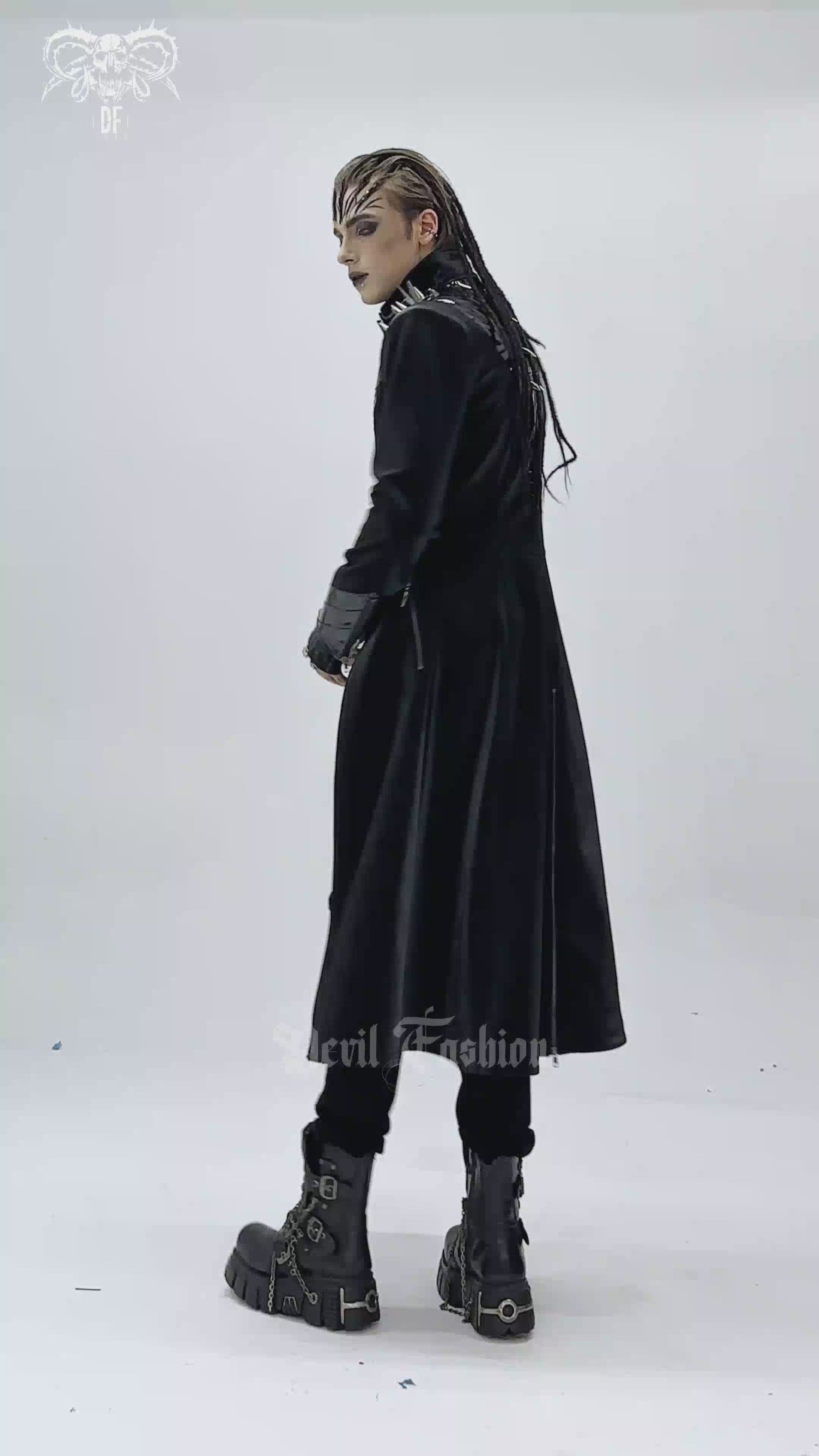 Men's Long Coat with Spikes and Metal Buckle Detail worn by a model showcasing gothic style and edgy fashion.
