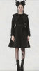 Gothic Black Coat with Lace Collar and Bow Detail worn by a model, featuring an embroidered collar and dramatic flared silhouette.