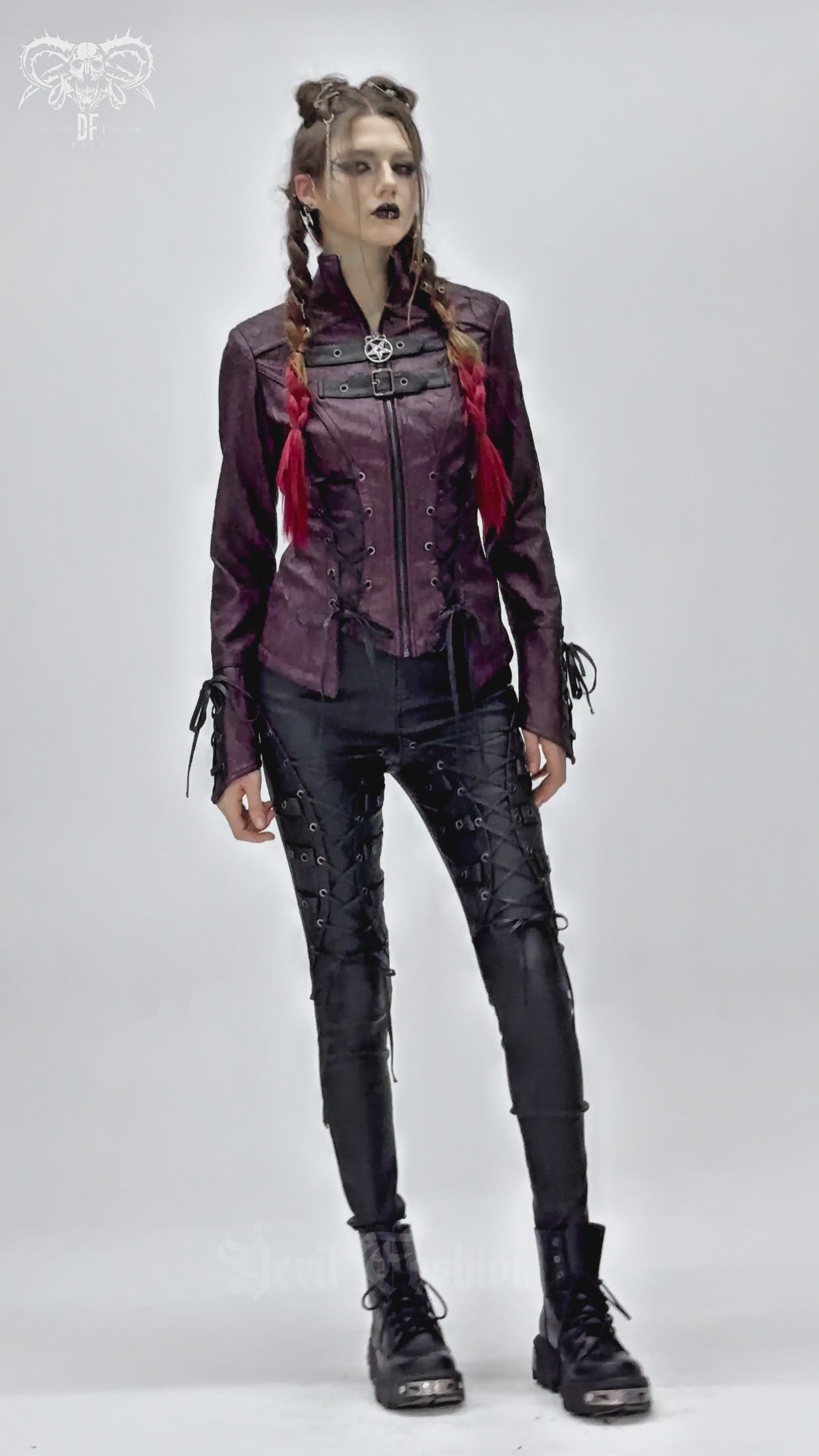 Gothic women’s purple faux leather jacket with lace, buckles, and edgy style, perfect for alternative fashion.