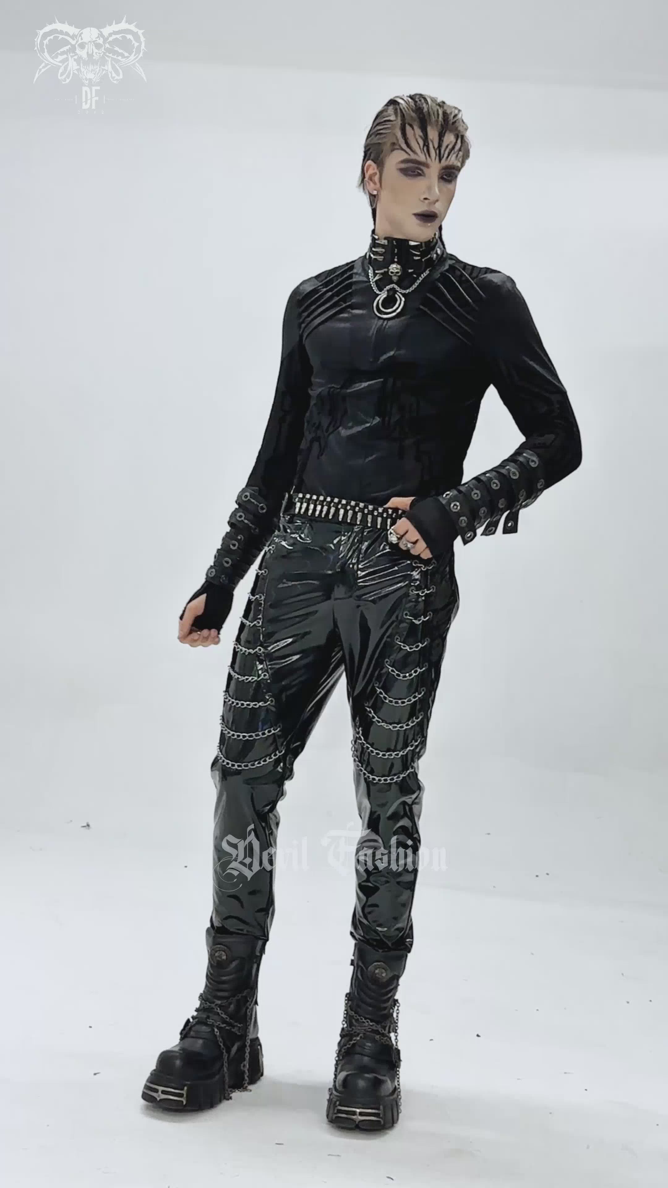 Cyberpunk Mesh Top with Futuristic Print and Zipper Neck worn in a stylish gothic techwear outfit.