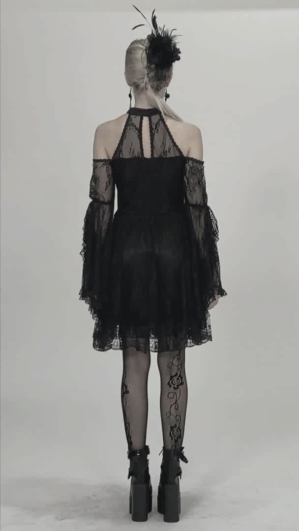 Elegant black lace cold shoulder dress with sheer bell sleeves seen from the back, perfect for gothic style.