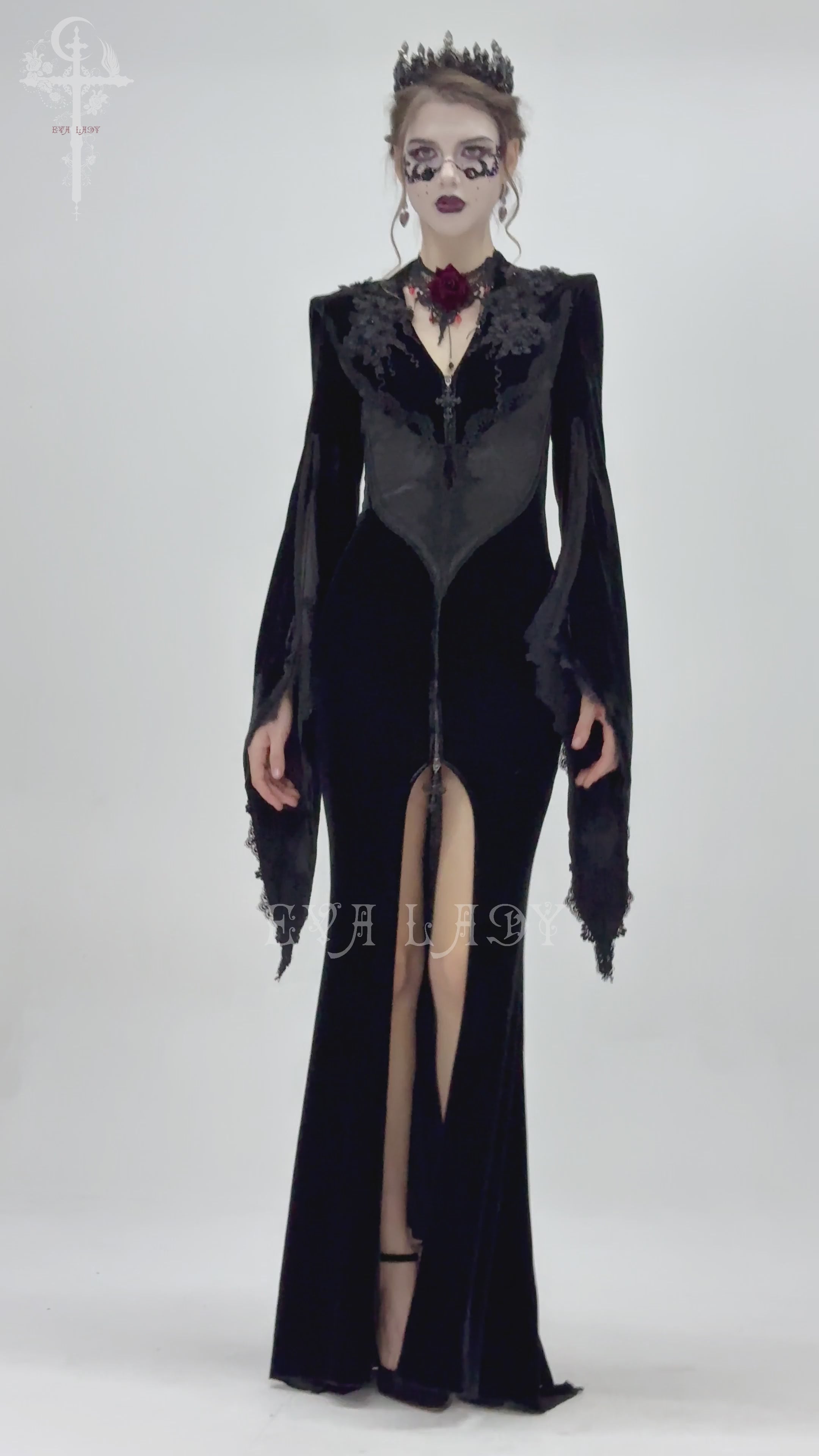 Elegant Gothic black velvet long dress with lace details, flared sleeves, and front zipper for dramatic evening wear.