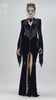 Elegant Gothic black velvet long dress with lace details, flared sleeves, and front zipper for dramatic evening wear.