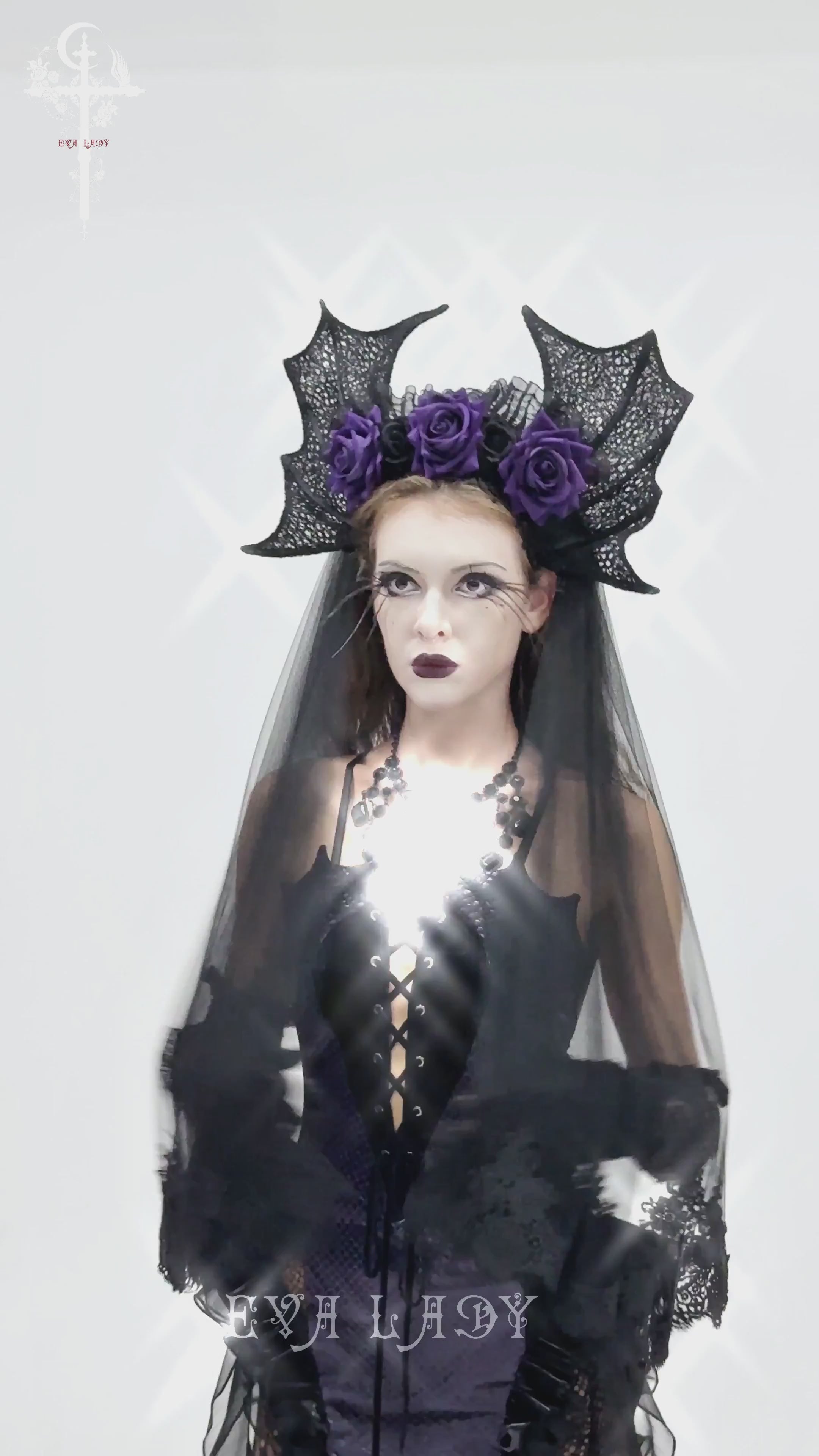 Goth Bat Wing Lace Veil Headpiece with Purple Roses featuring lace crown, tulle veil, and rose flowers for a dark romantic look.