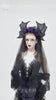 Goth Bat Wing Lace Veil Headpiece with Purple Roses featuring lace crown, tulle veil, and rose flowers for a dark romantic look.
